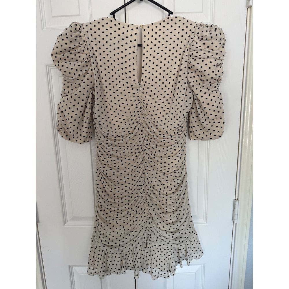 Maeve Anthropologie Polka Dot Ruched Mini Dress Puff Sleeve Cream Black Size M - Picture 3 of 7